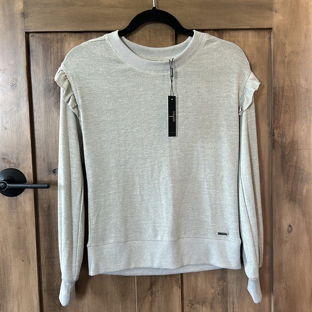 Tahari Gray ruffle crew neck light weight sweater